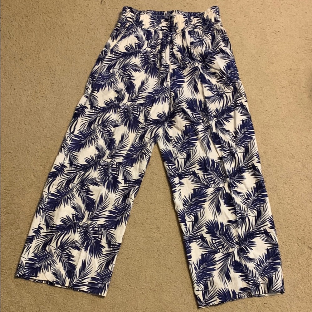 Blue and Cream Leaf Print Pants